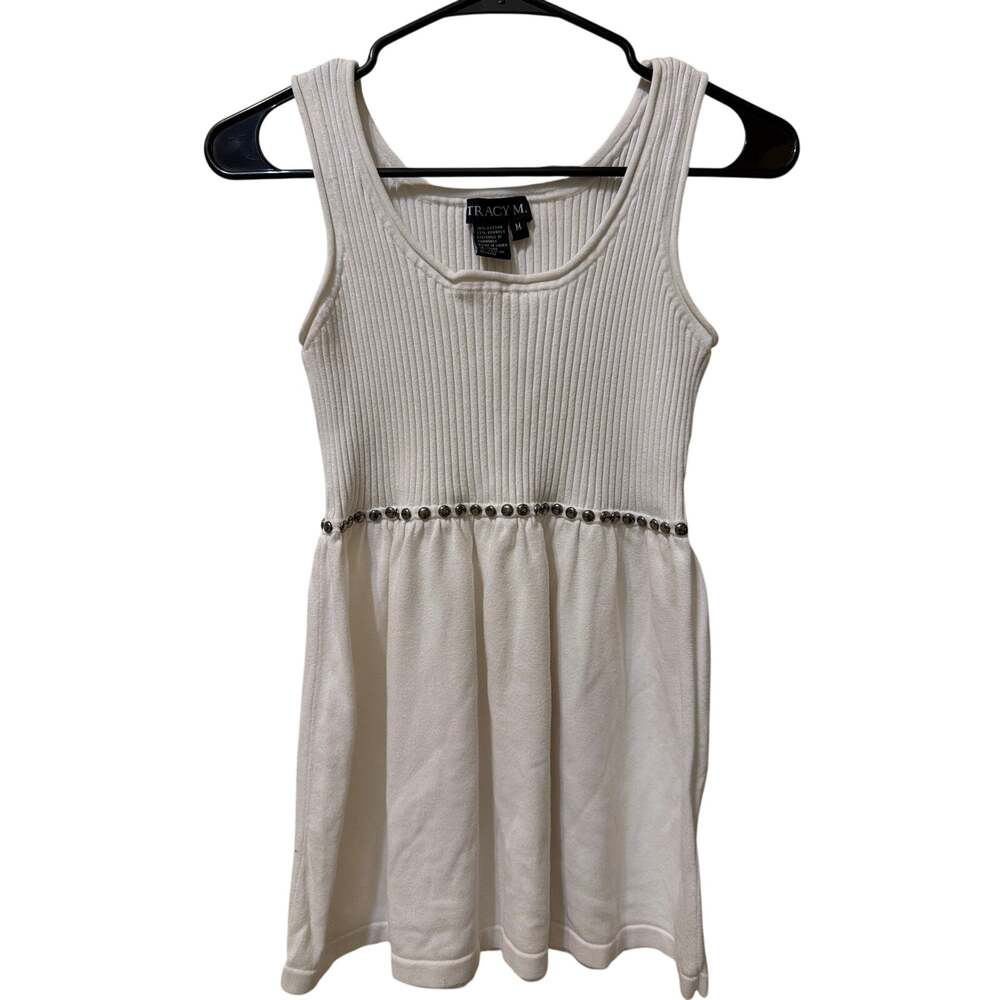 Y2K Babydoll White Ribbed Sleeveless Sweater Size Med Silver Rivet Tracy M. 90s